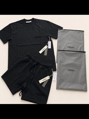 ESSENTIALS short + shirts. Black  Sleeve Tee & Black Drawstring Shorts Set
